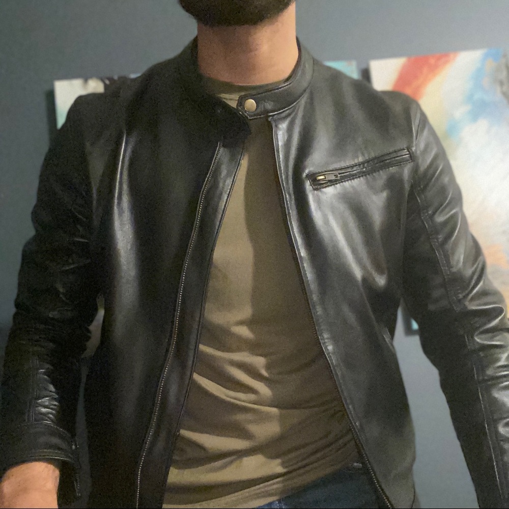 Black leather biker jacket